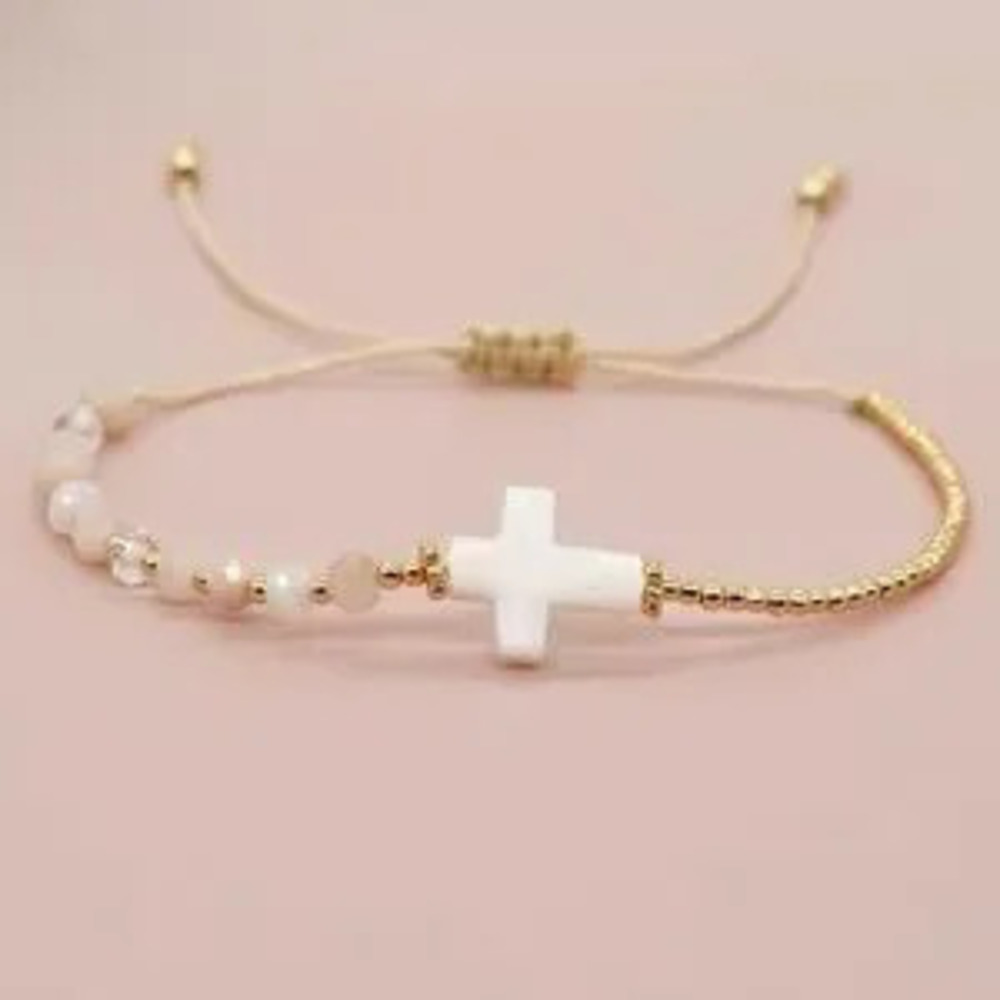 Gold and White Cross Beaded Bracelet baptism